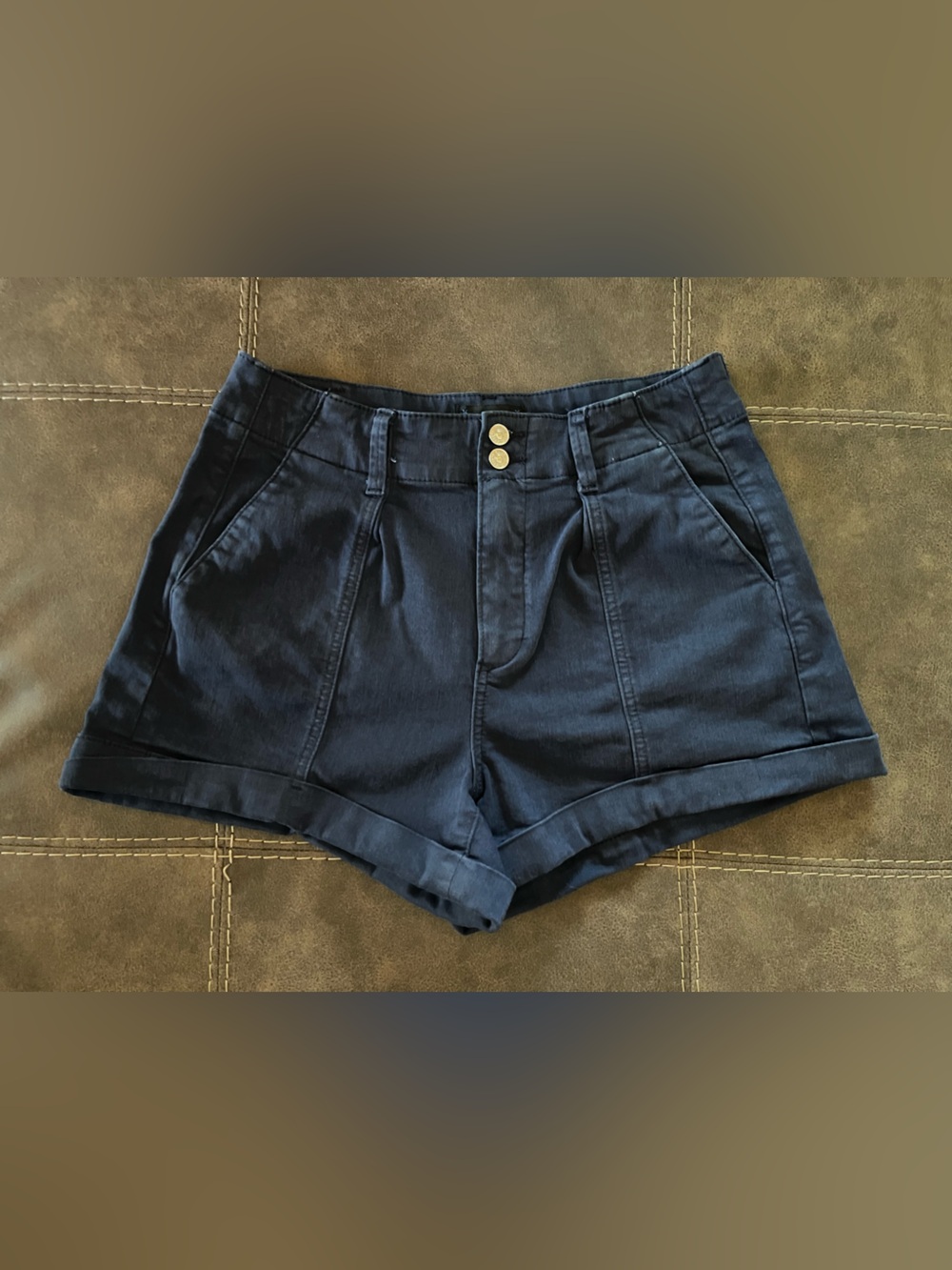 PAIGE Navy High-Waist Pleated Front Shorts